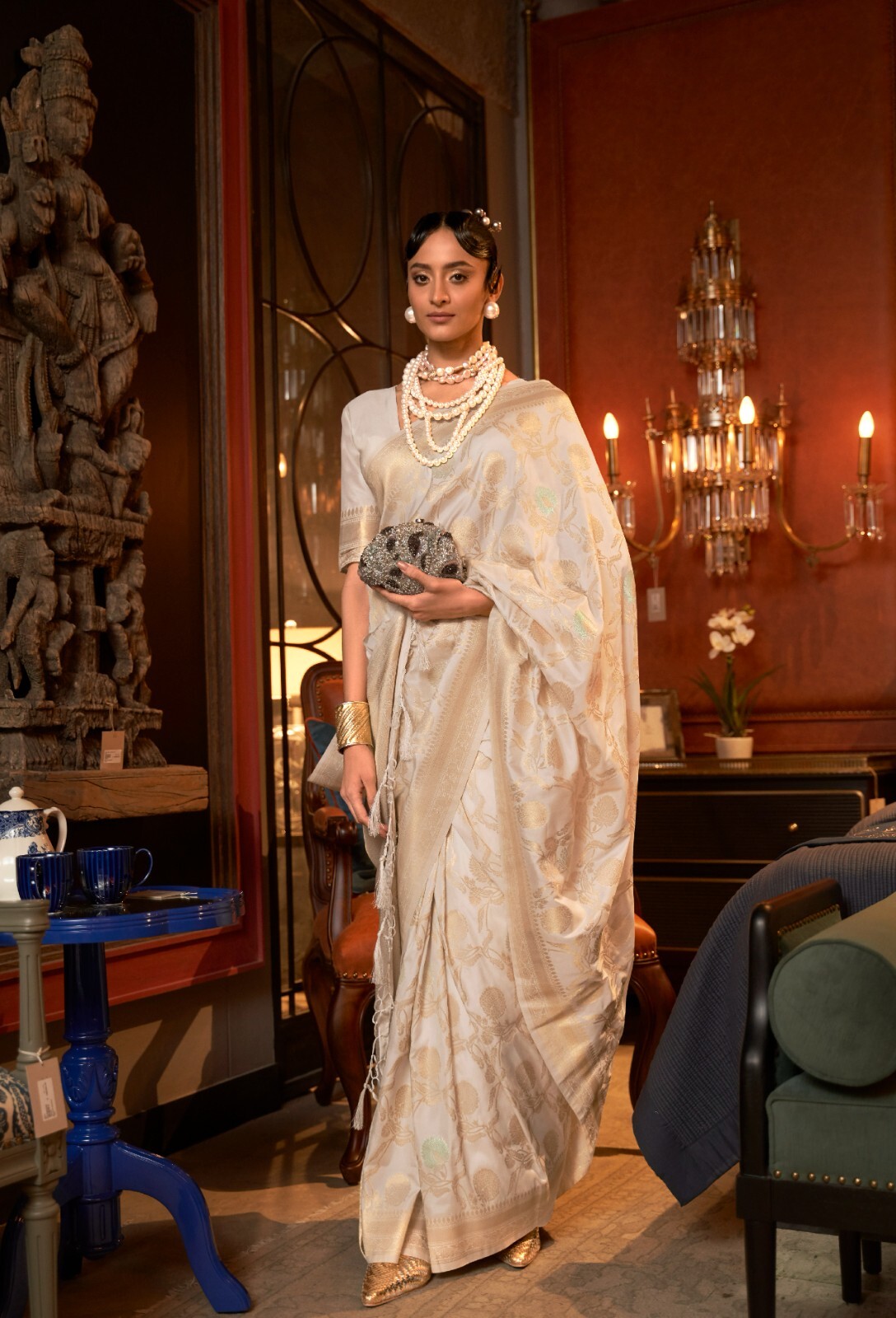 Handloom Weaving Work White Color Silk Saree With Zhalar Work On Border