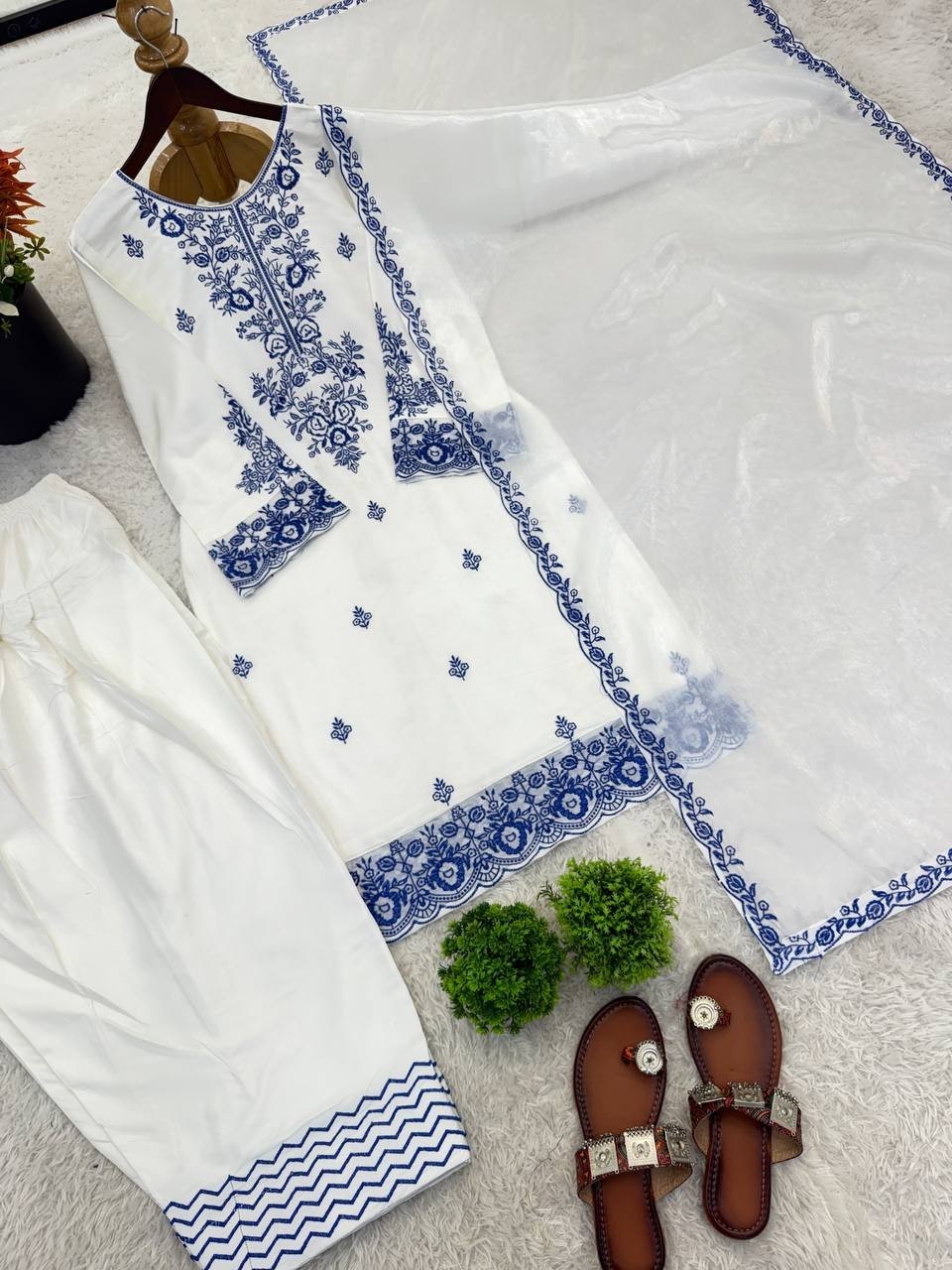 Beautiful Look Rayon Cotton White Top Bottom With Dupatta For Functional Wear