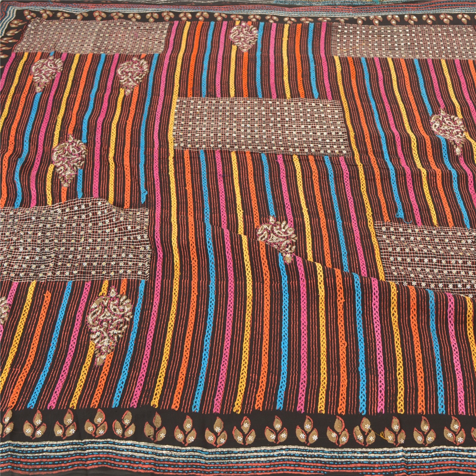Sanskriti Vintage Sarees Blend Georgette Hand Beaded Cultural Craft Sari Fabric