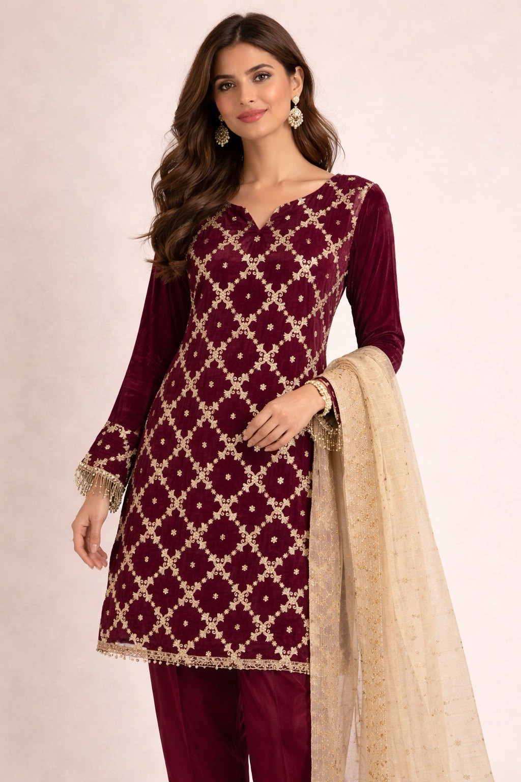 Maroon Valvet Embroidery Shirt With Banarsi Duppata