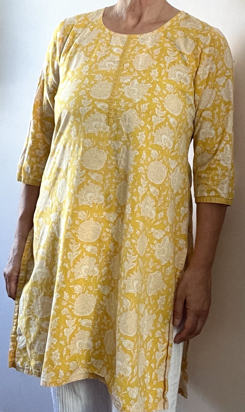 Rangmanch Yellow White Block Print Cotton Kurti Tunic Dress L
