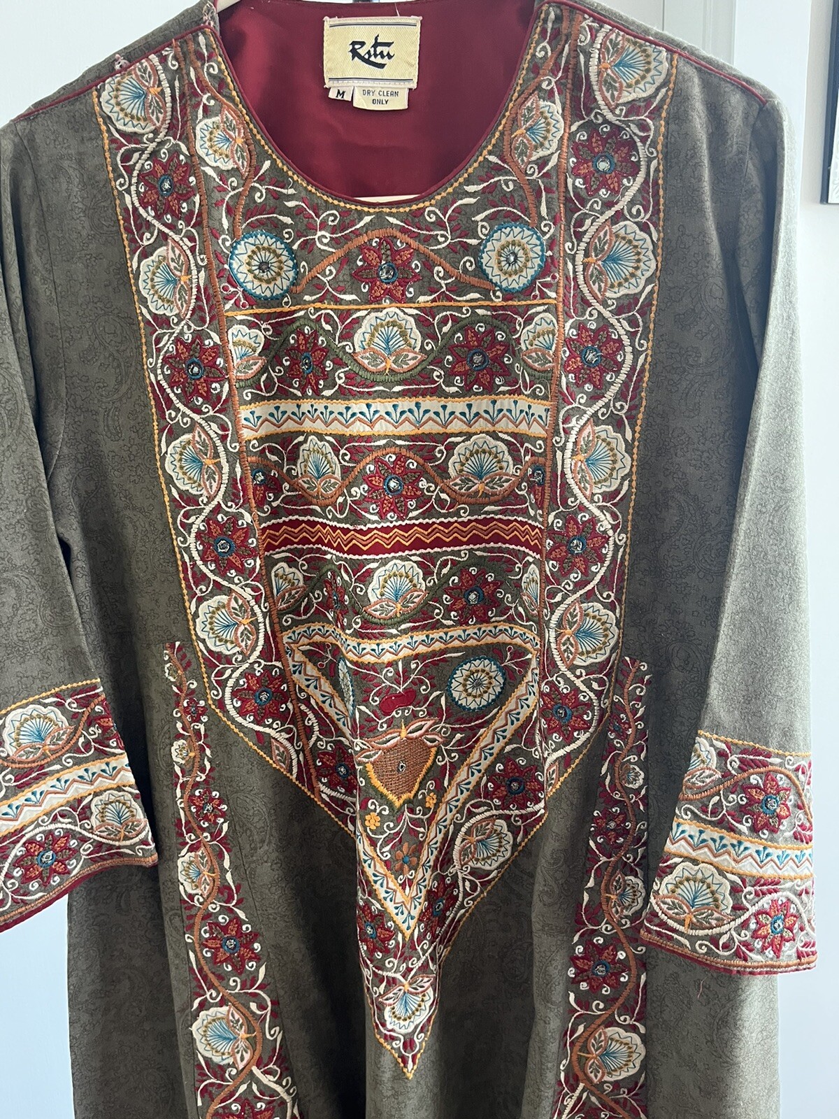 Ritu Kumar Embroidered Dress Kurta Set Tunic Taupe & Ruby Red Rare $500+