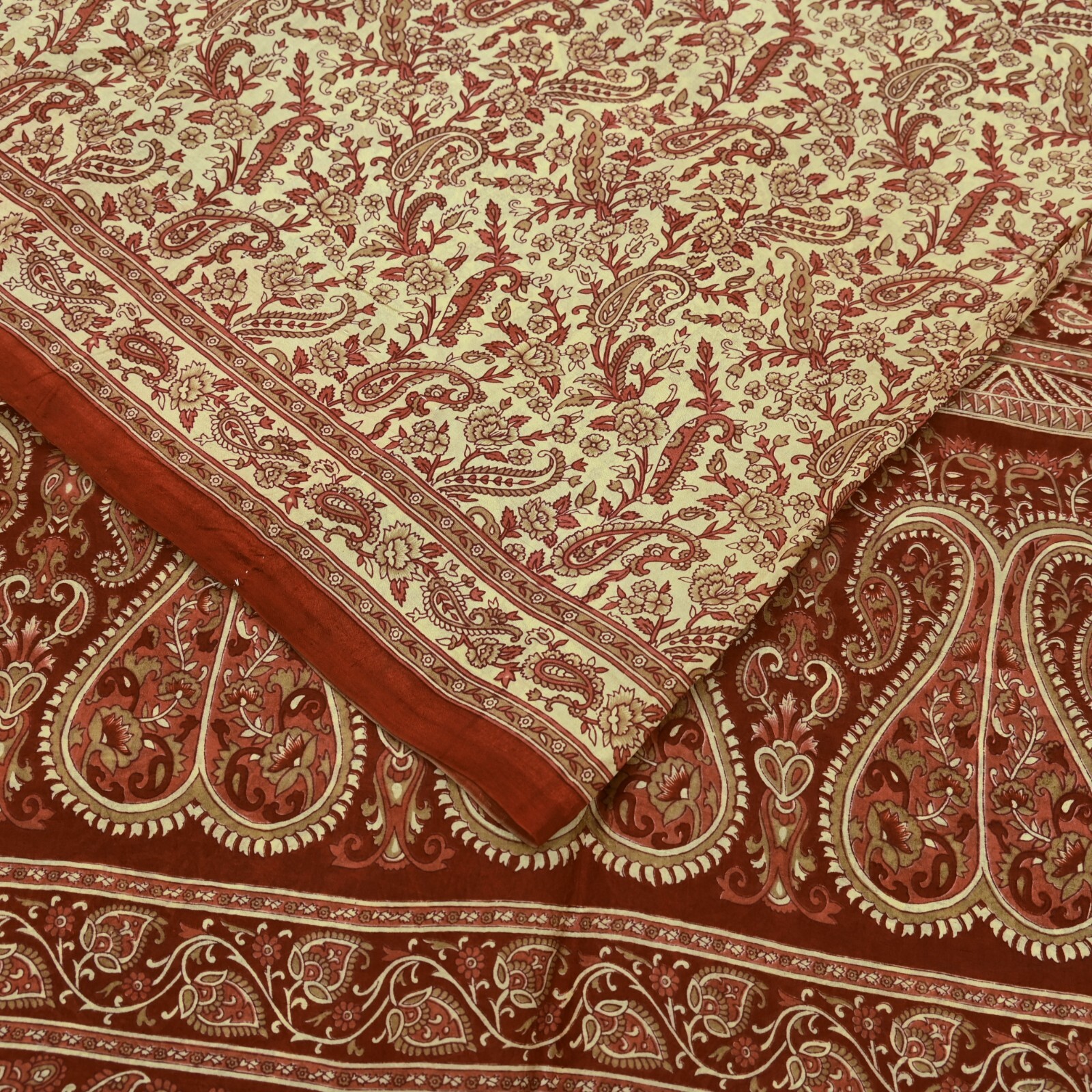 Indian Vintage Sari Brown & Ivory Pure Silk Printed Sarees Craft Fabric 6yd