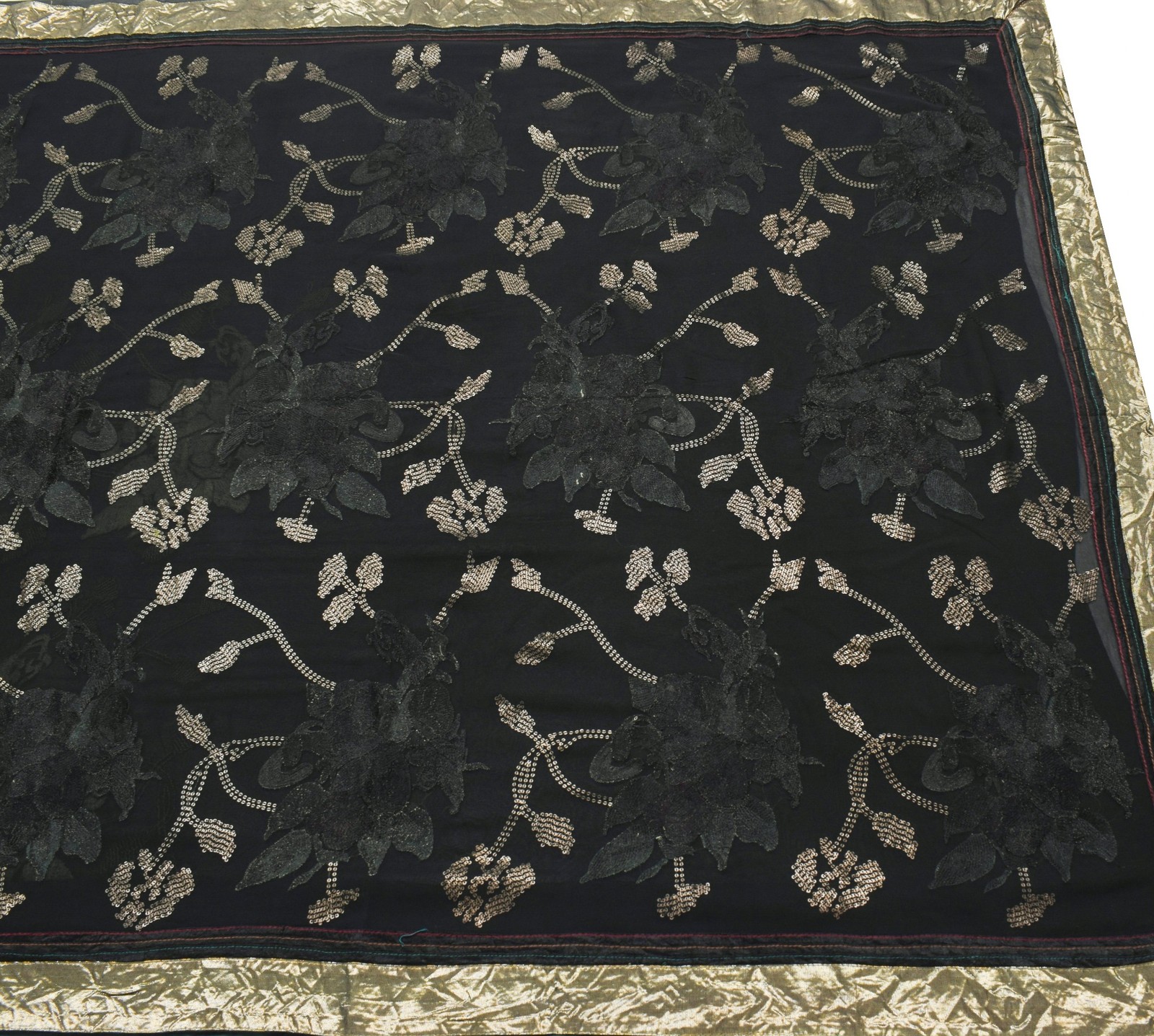 Sushila Vintage HEAVY Black Saree Pure Georgette Sequins Embellish Sari Fabric