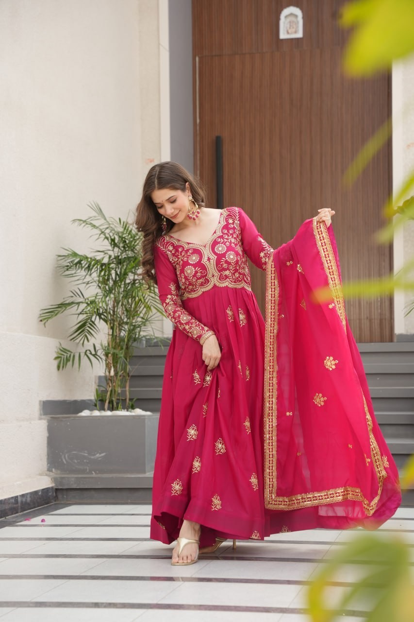 Zari Embroidery Sequins Work Georgette Fabric Anarkali Gown With Dupatta Attire