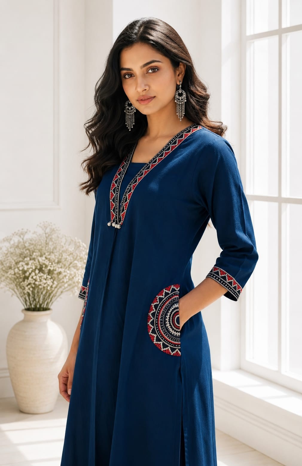 Ethnic motifs Thread work Cotton Kurta with Palazzo. Colour – Blue/Yellow/Red