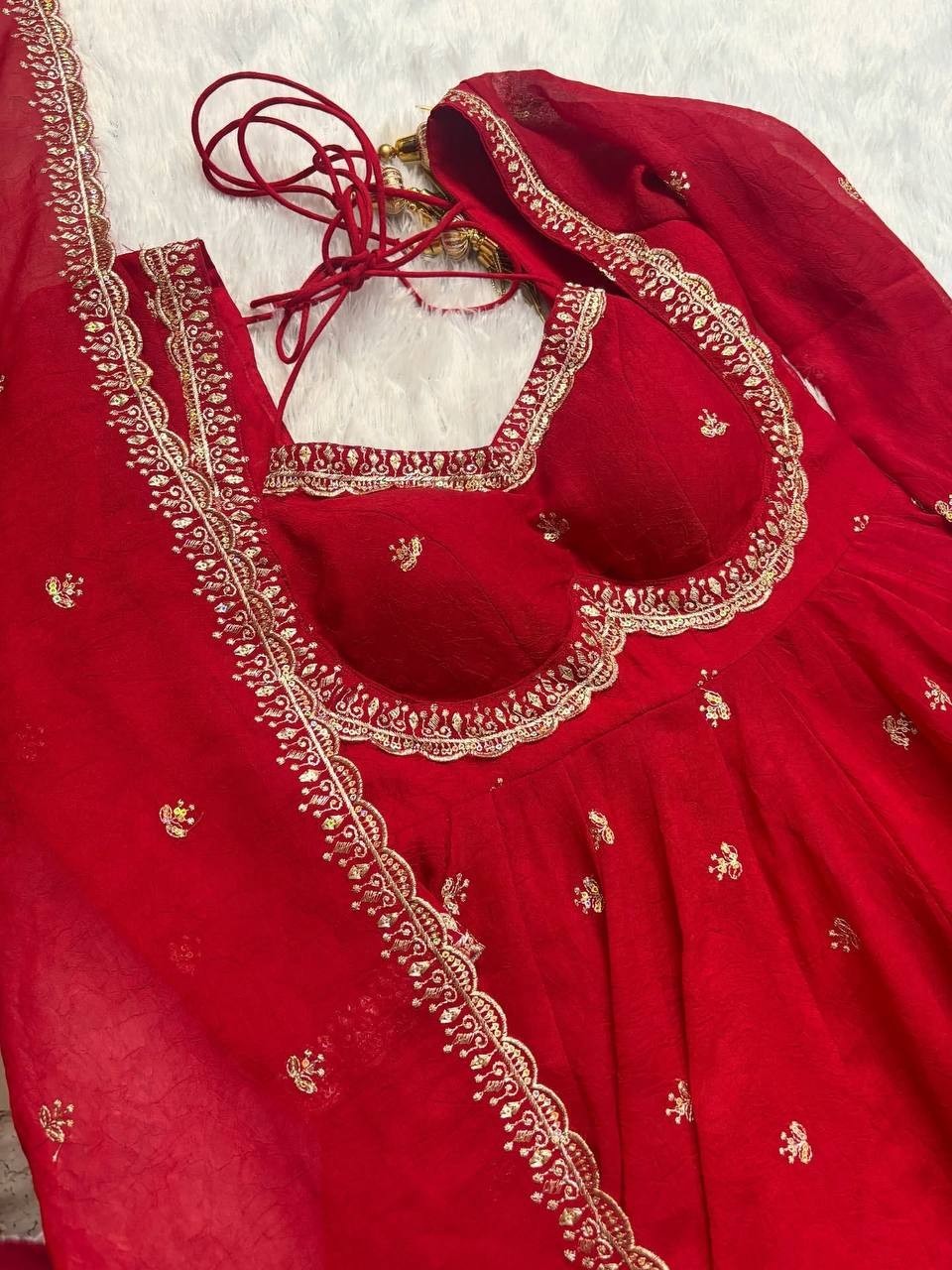 Stylish New Heavy Faux Georgette Gown Bottom With Red Dupatta For Wedding Wear