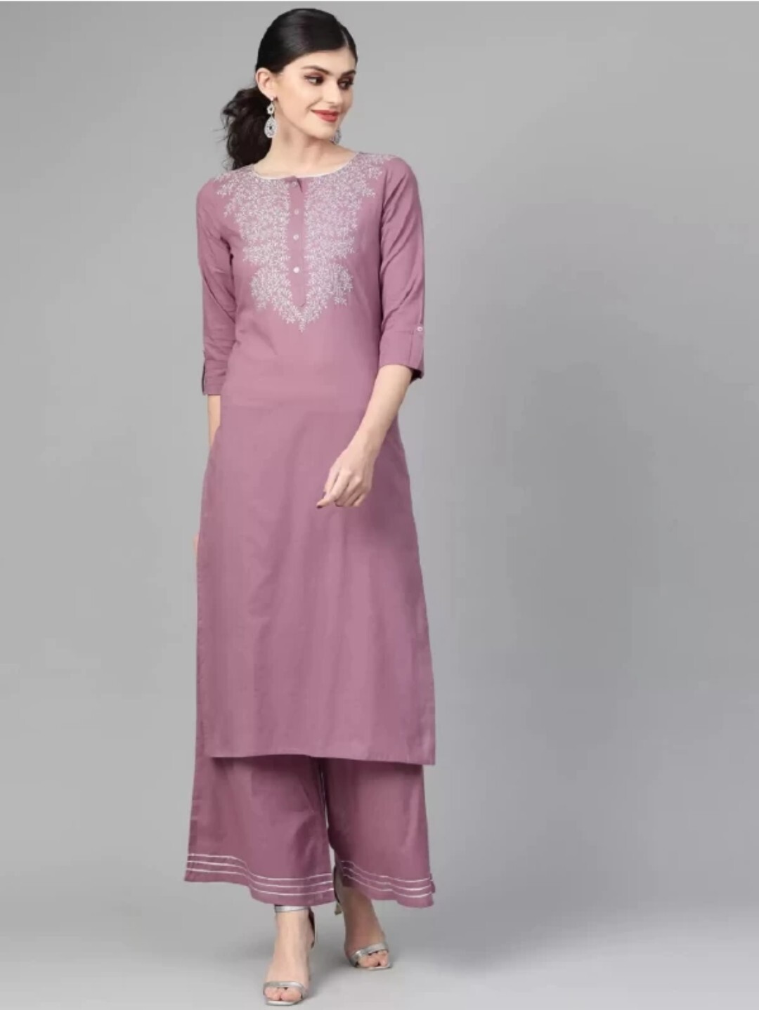Indian Salwar Suit ; Women Mauve Colour Zari Embroidered Kurta Palazzo Set