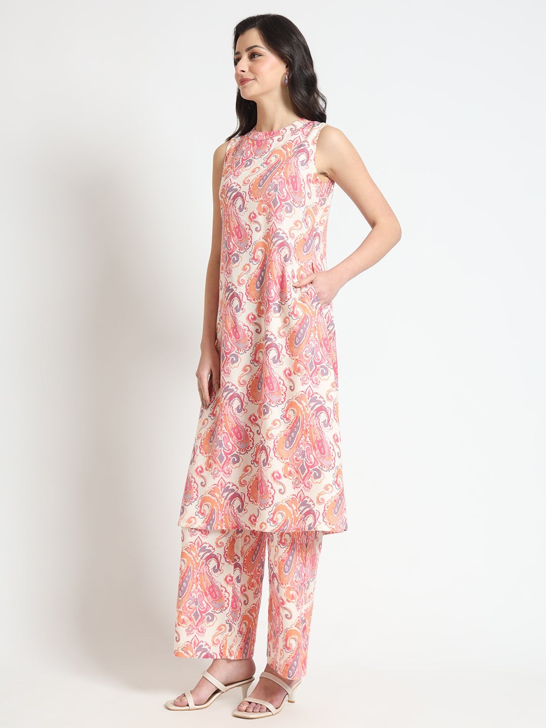 Cream Floral Print Rayon Fabric Co-Ord Set for Women Ethnic Wear Plus Size