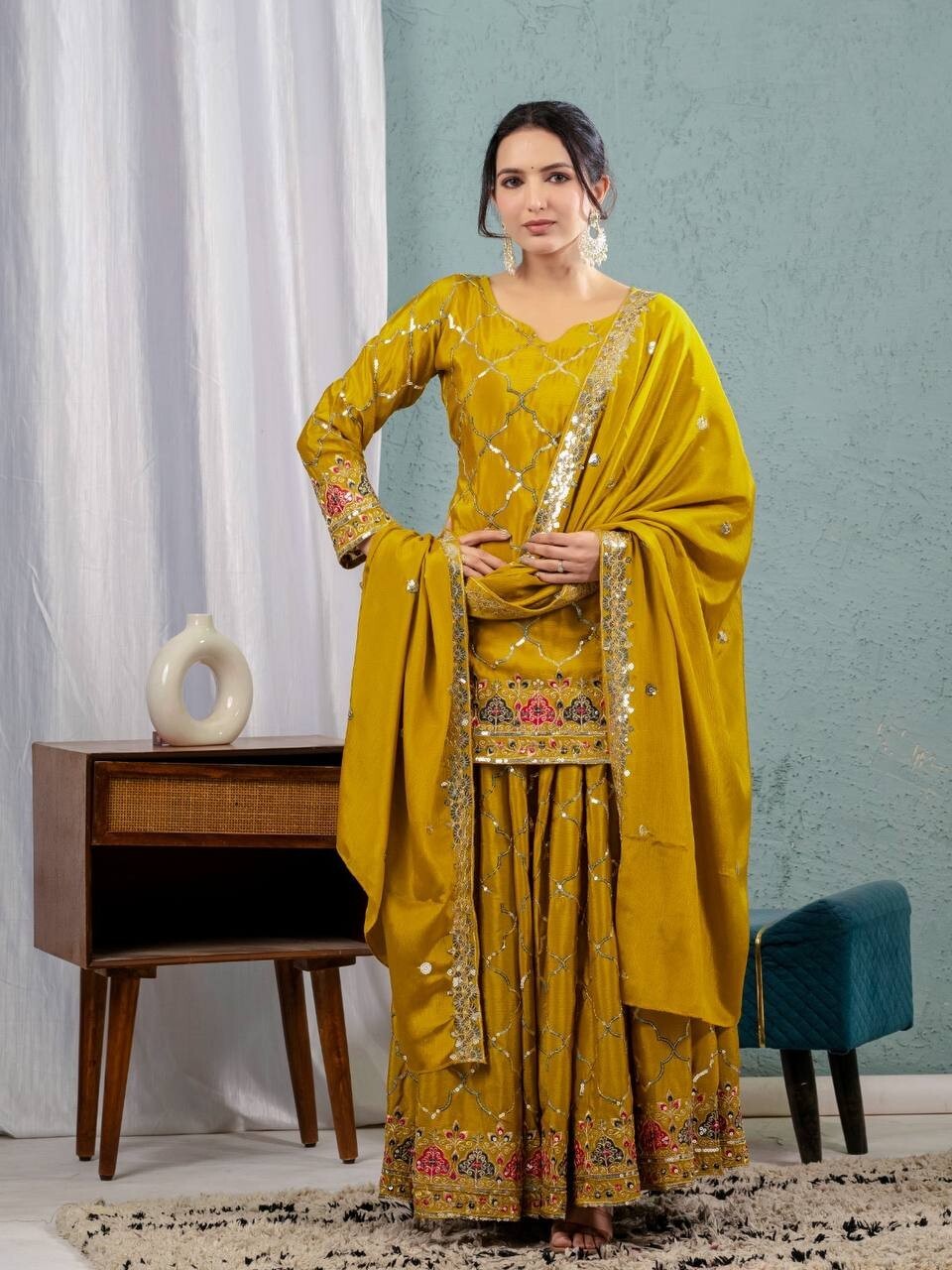 Stunning Look Mustard Yellow Chinon Silk Kurta Palazzo With Dupatta For Women