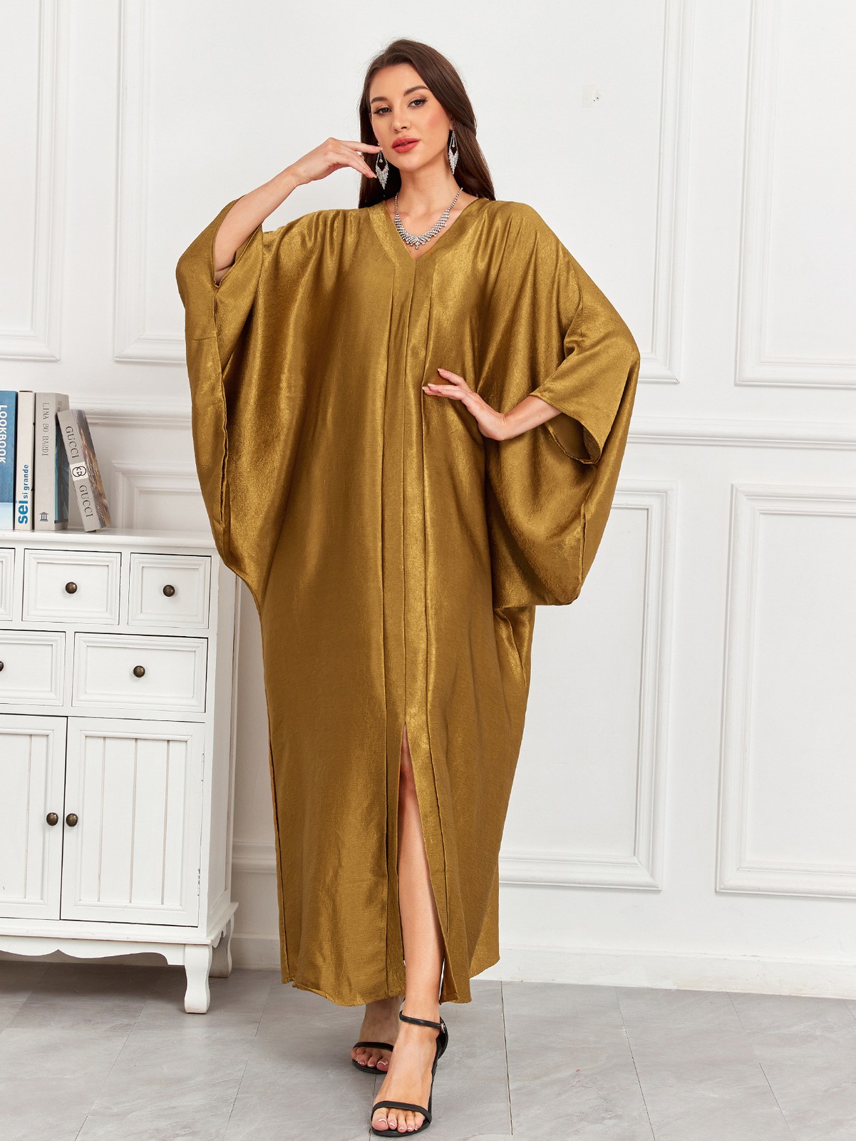 Women Batwing Sleeves Abaya Muslim Loose Solid Color Ramadan Beach Travel Robes