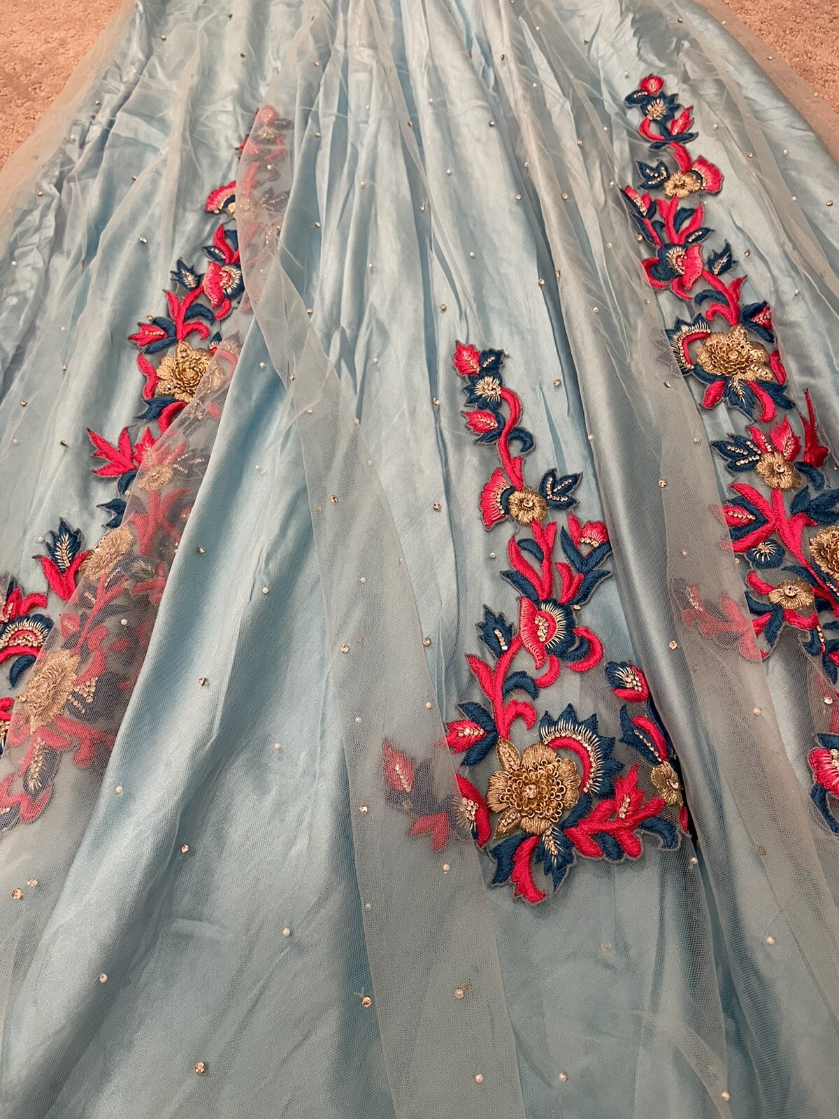 Light Blue and White Lengha With Pink Embroidery and Tassles