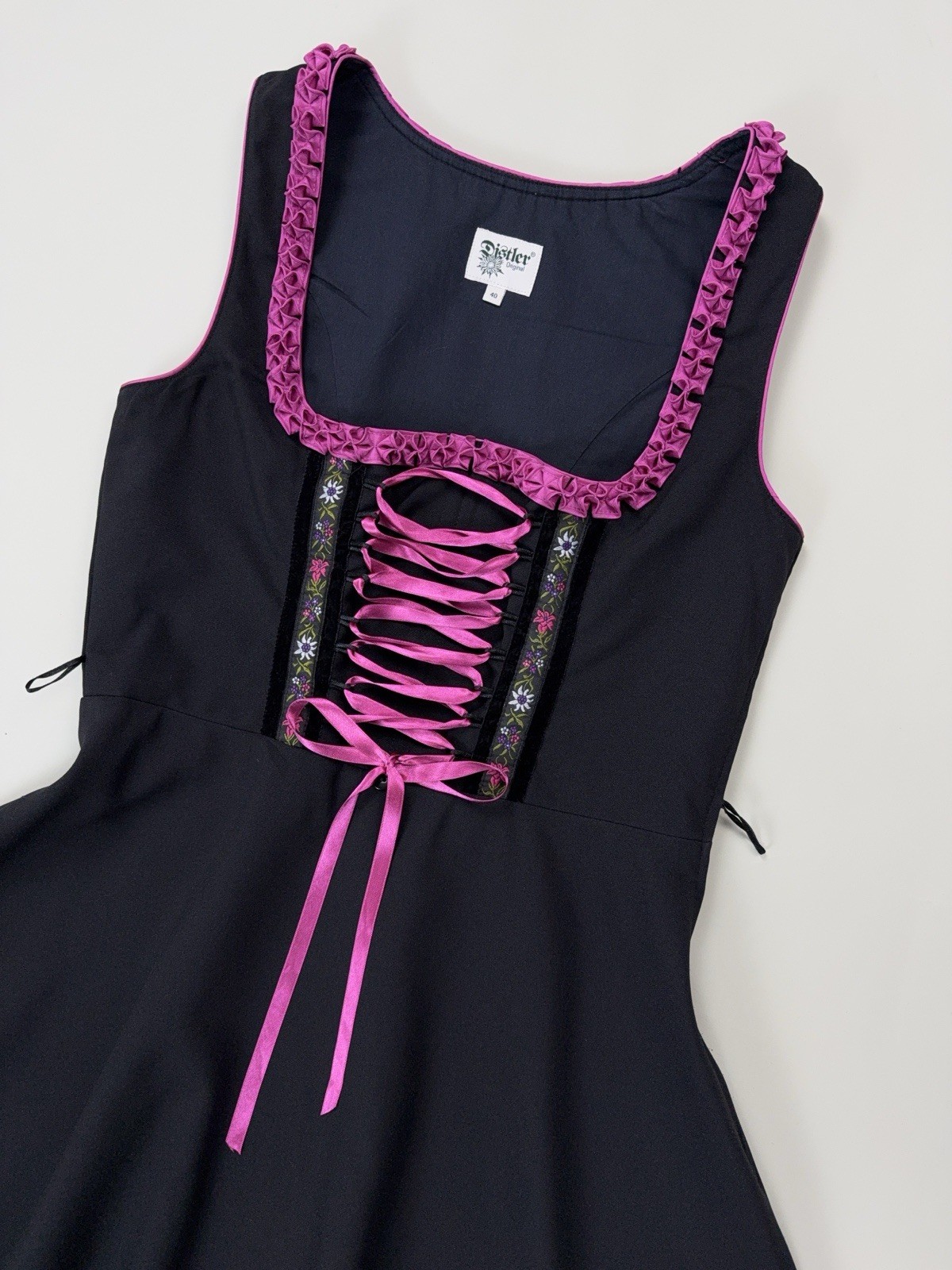 Distler Dirndl Dress Black Pink Ribbon Embroidered Corset Bavaria Oktoberfest 40