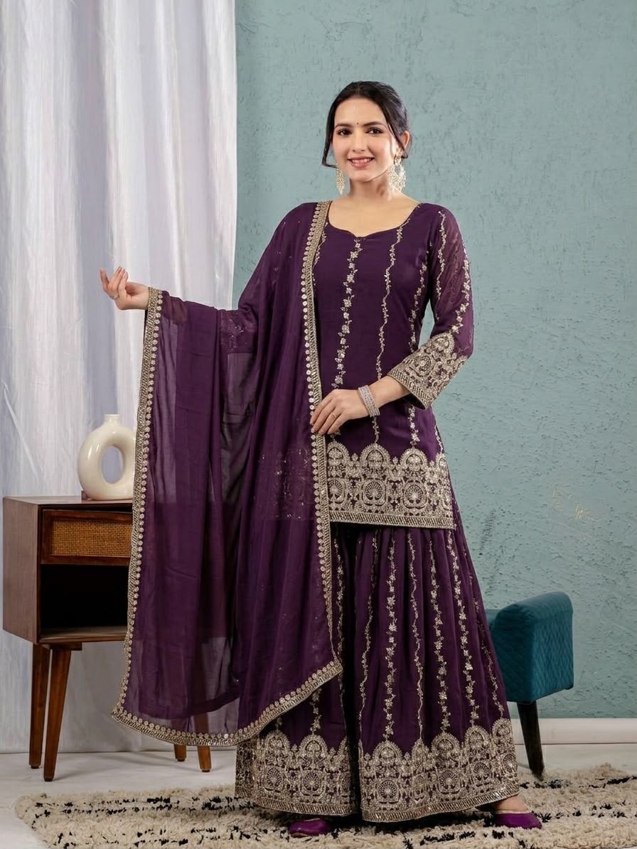 Women’s Crunchy Silk Sharara Suit Set Embroidered Kurta Dupatta Party Wear