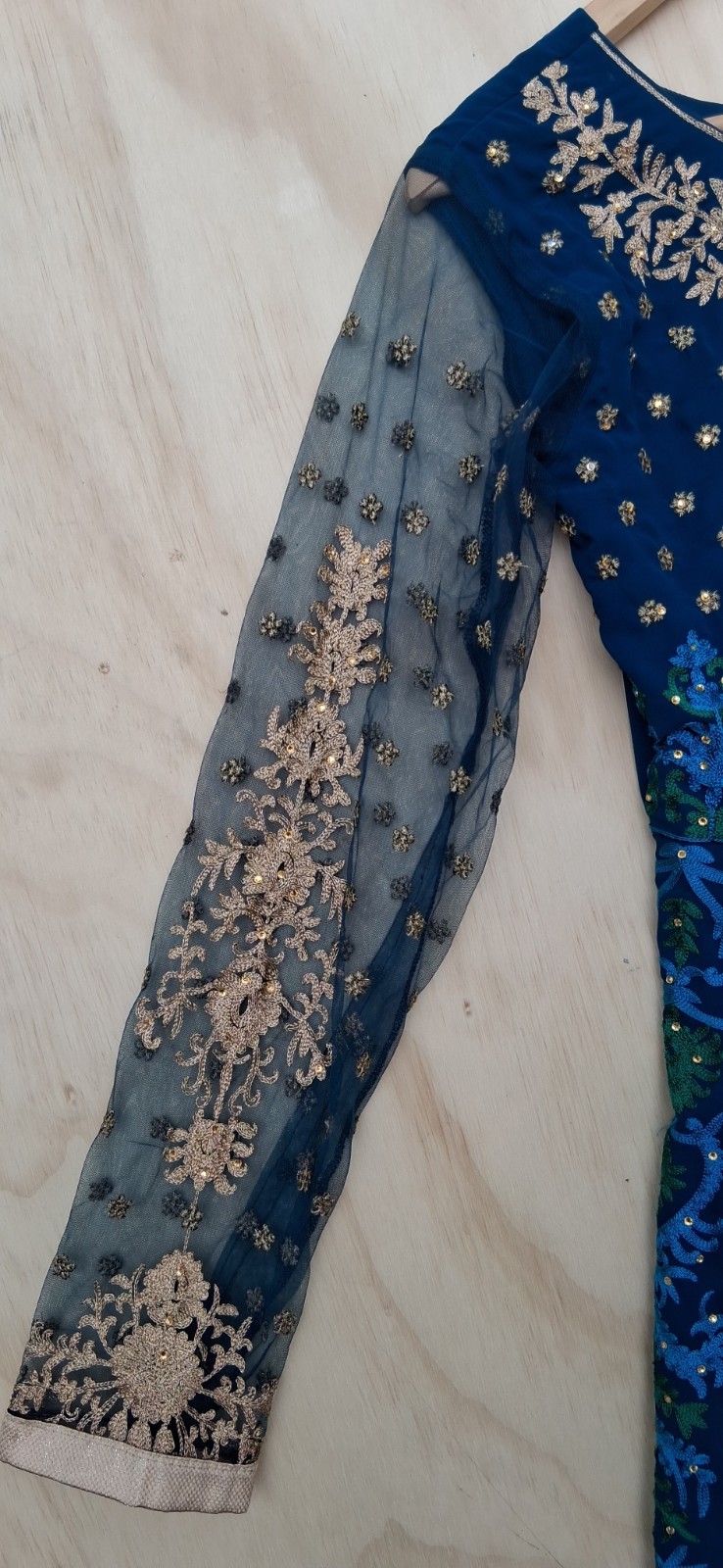 Indian Anarkali Gown Dress S Royal Blue Gold Embroidered Long Sleeve Maxi Party