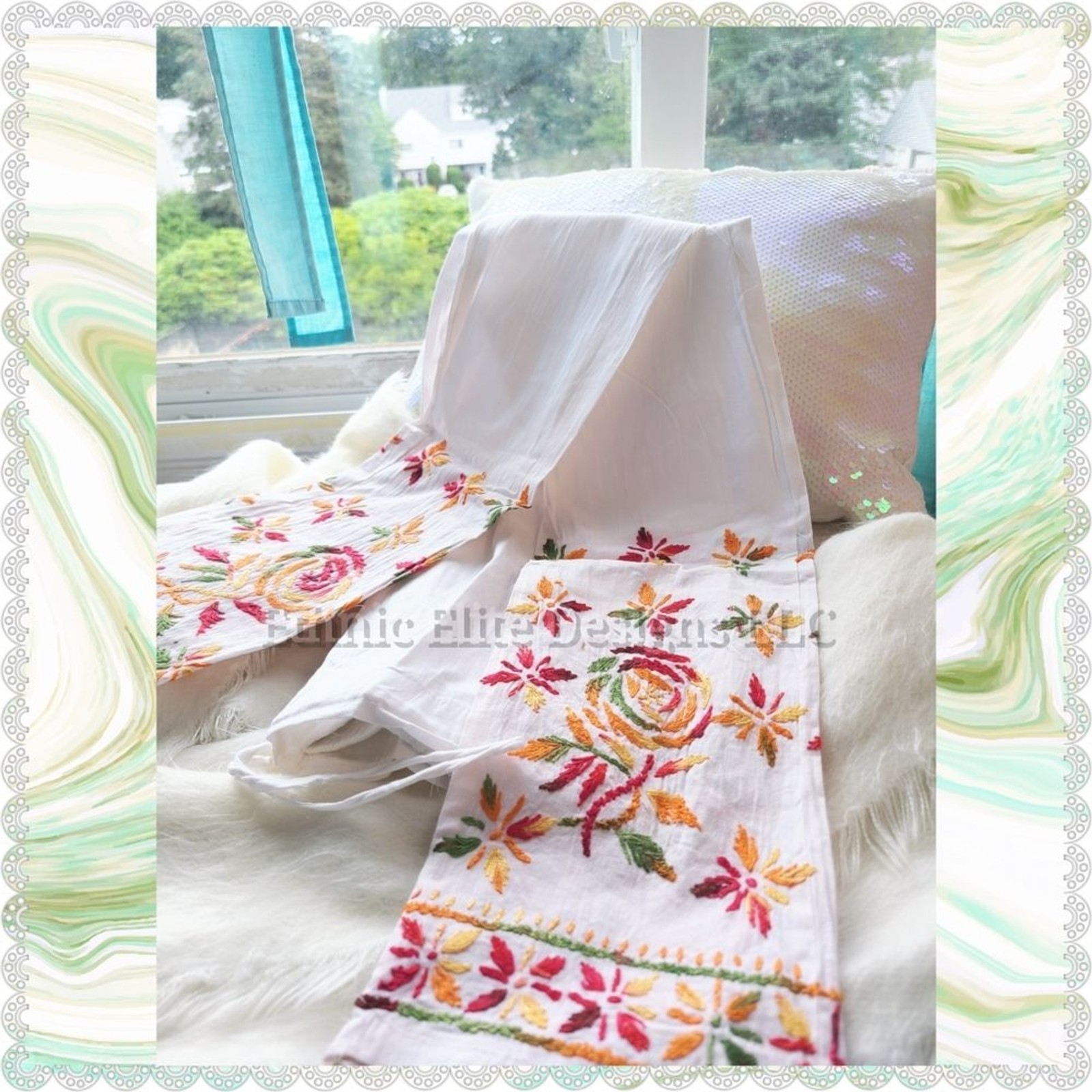 New White multi color embroidered ankle pants with drawstring Size Small