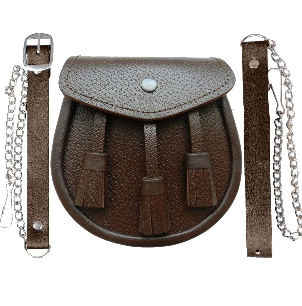 Scottish Brown leather Kilt sporran and Belt 3 Tassels leather sporran