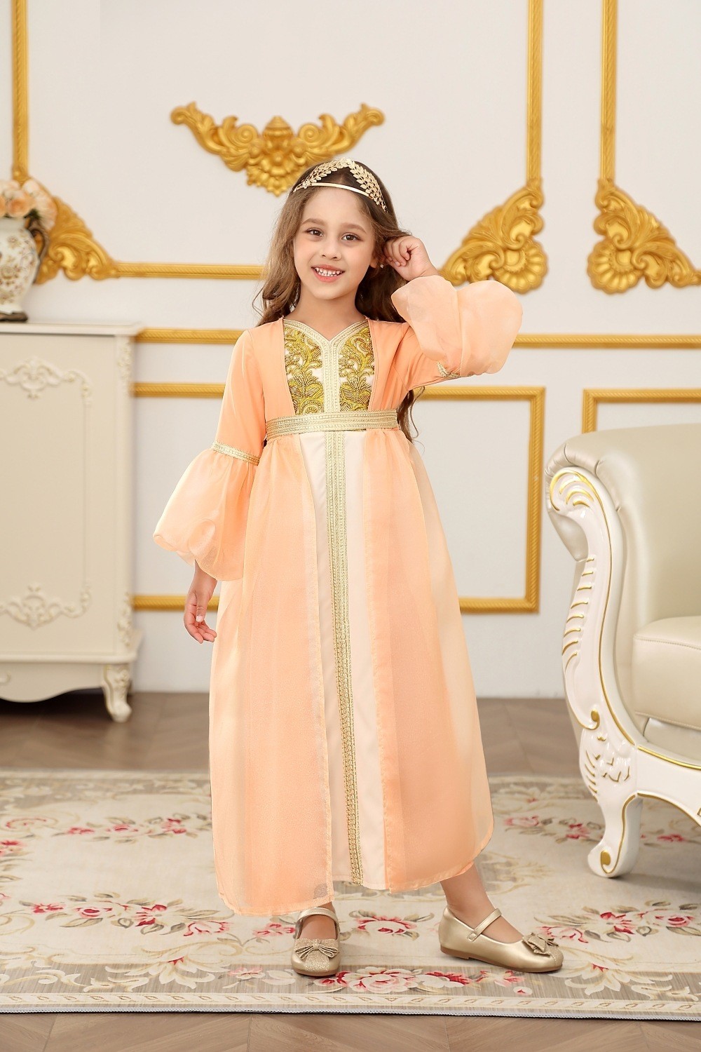 Muslim Girls Child Kaftan Dress Fashion Lantern Sleeves Abaya Party Banquet Gown