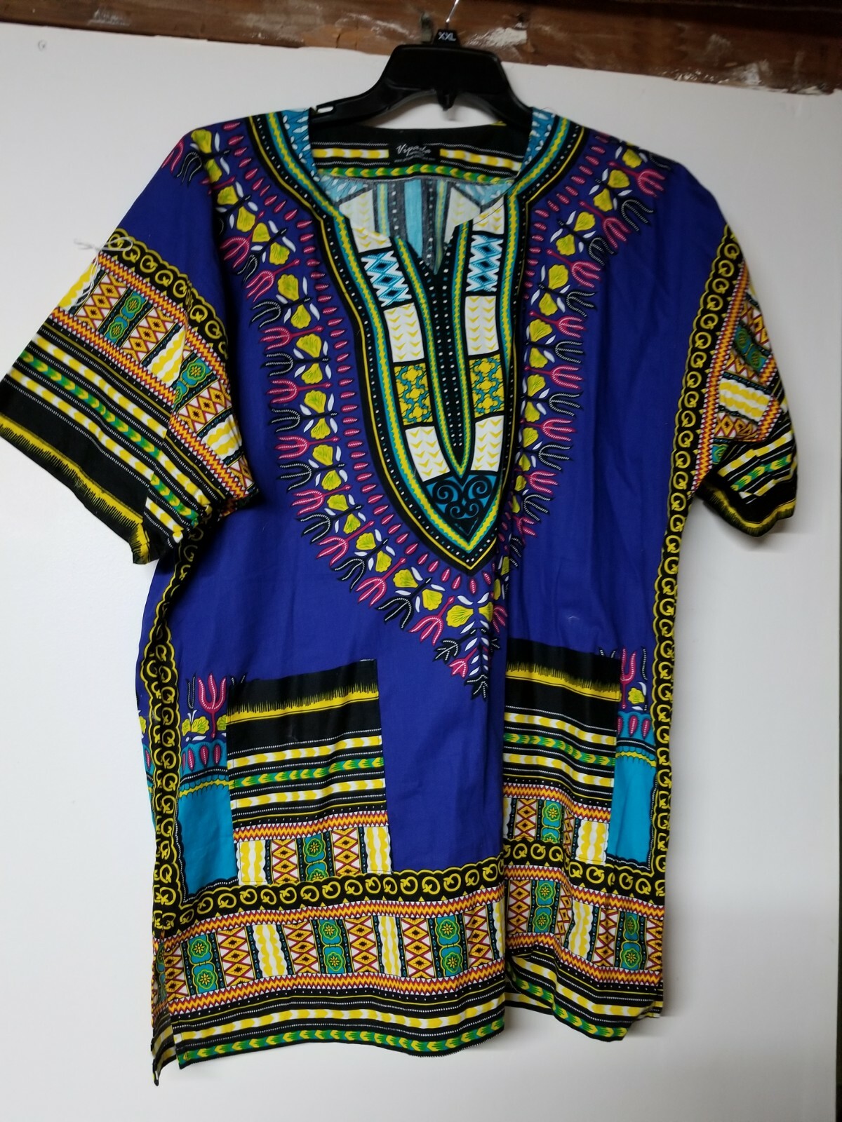 Unisex Blue African Dashiki Top. Multi Color. Short Sleeve. 100% Cotton