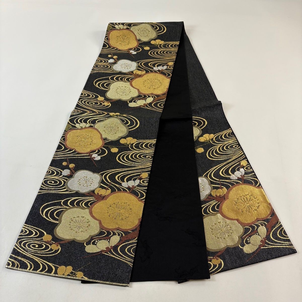 Fukuro Obi Six Panel Gold Silver Thread Foil Flowing Water Sumi Black Silk