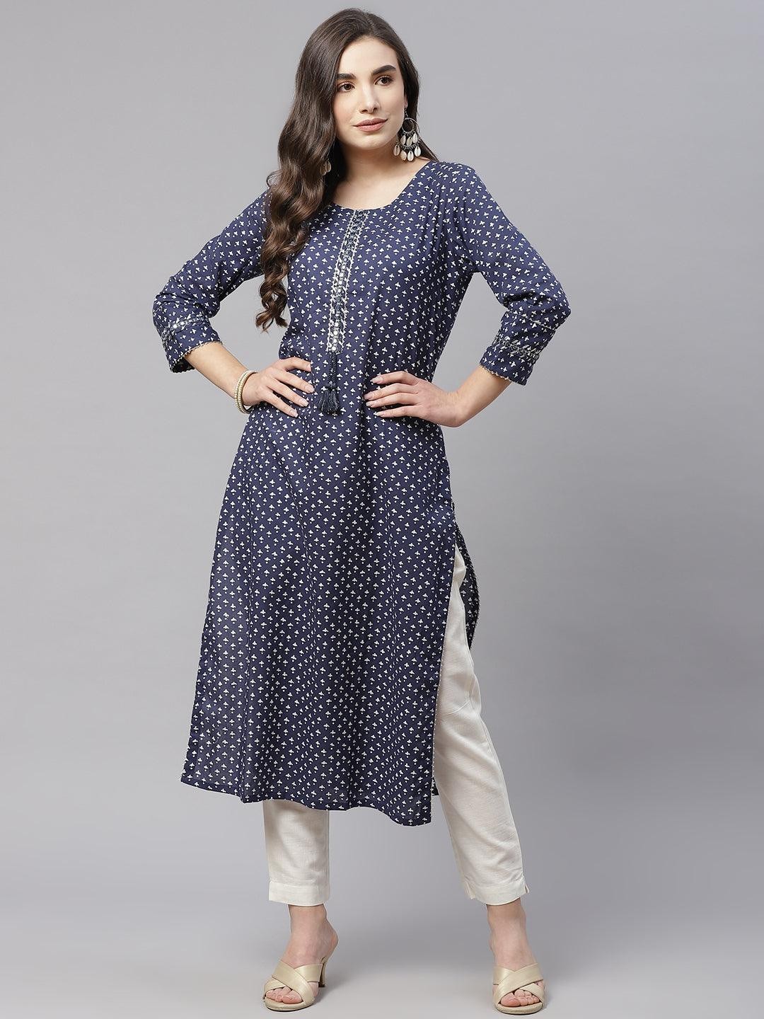 Indigo Cotton Straight Kurti for Women | Indian Ethnic Printed Kurta | Casual Of