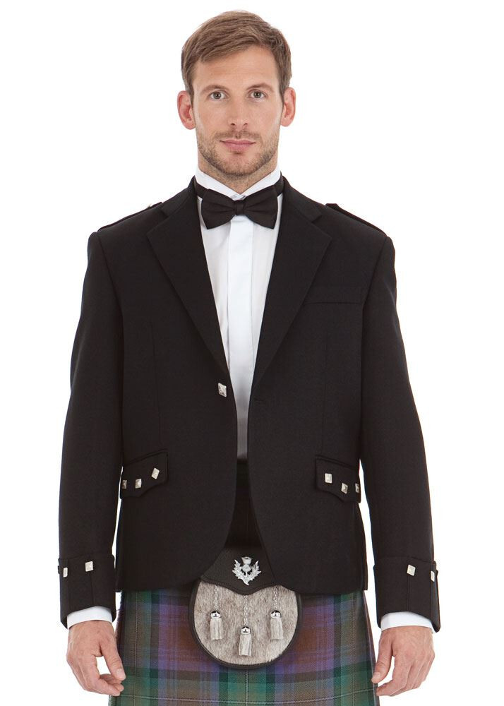 Men’s Black Argyle Kilt Jacket With Vest 100% Wool Highland Wedding Kilt Jacket