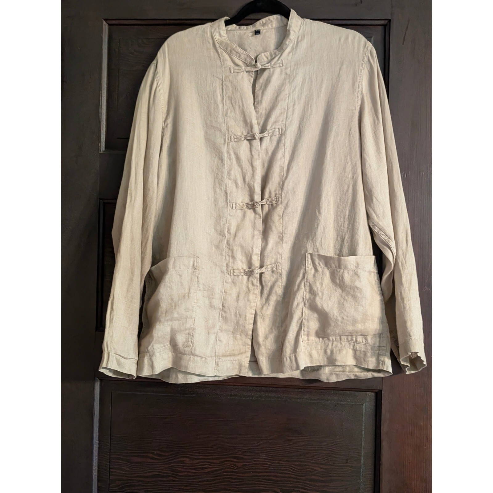 MUJI 100% Linen Mandarin Collar Frog Button Jacket Beige Tan S-M unisex