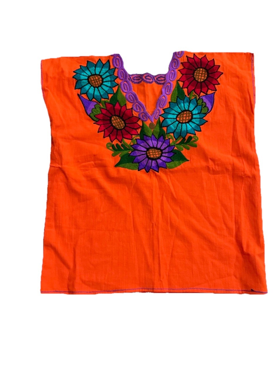 Orange Embroidered Floral Cotton Huipil Mexican shirt Women’s Size S