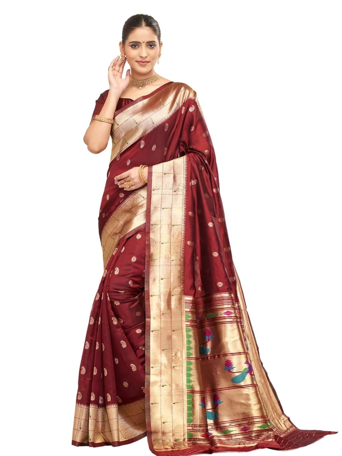 Women’s paithani silk saree with golden zari woven and blouse piece