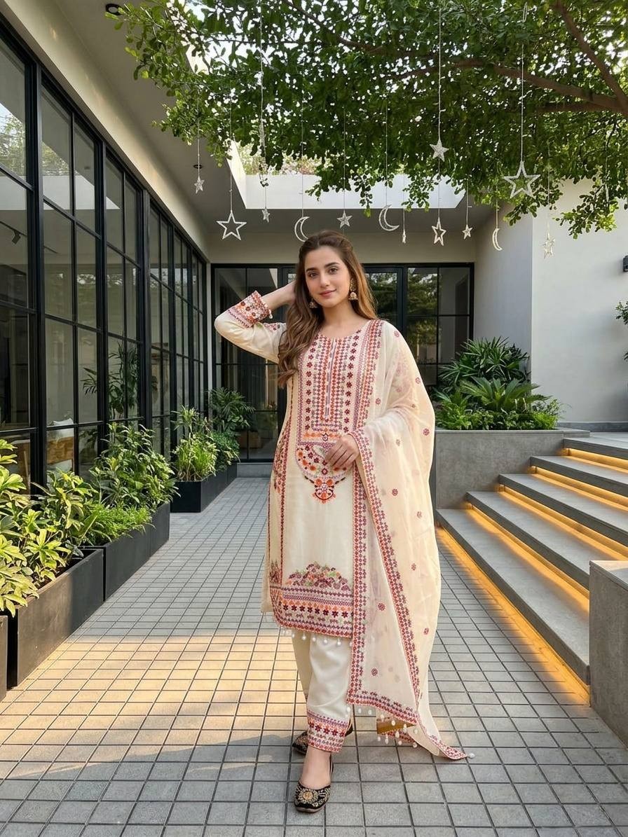 Stylish Mal Chanderi Off White Salwar Kameez With Dupatta For Women Party Wear