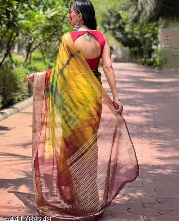 Designer Indian Organza Multicolor Saree With Unstitched Blouse Piece For Women