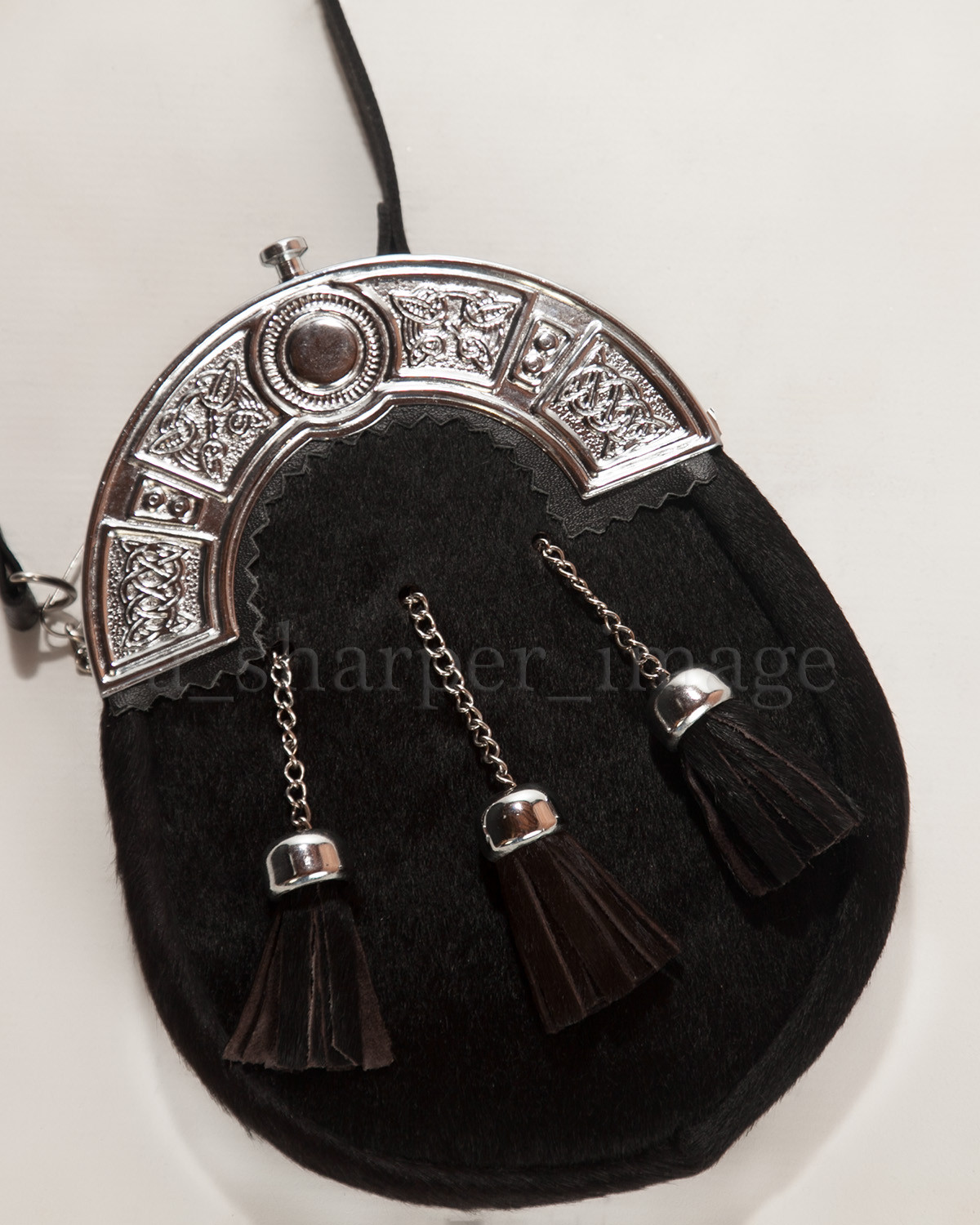 Celtic Sporran, Genuine Cowhide, Embossed Celtic Knots, Tassels, Carry Strap