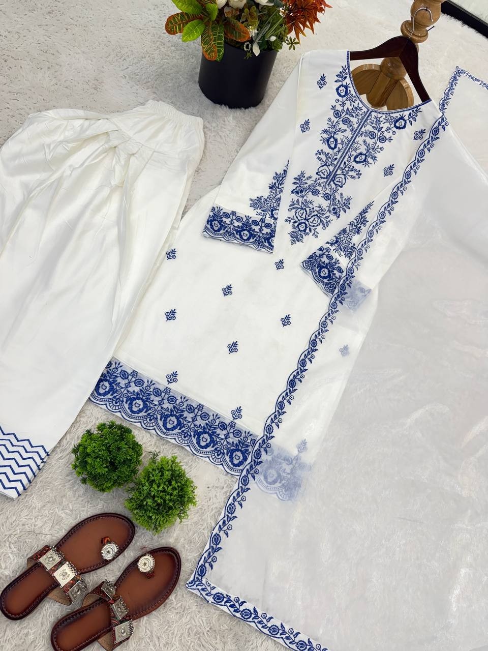 Beautiful Look Rayon Cotton White Top Bottom With Dupatta For Functional Wear