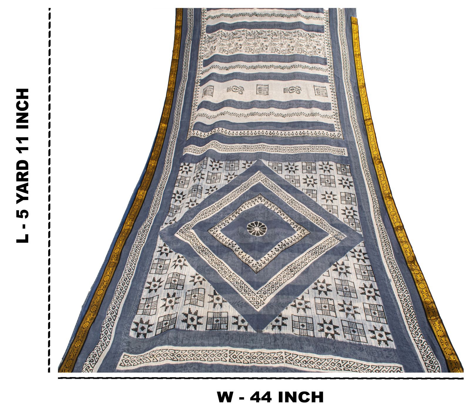 Sanskriti Vintage Saree White-Gray Pure Cotton Hand Block Printed Sari 5Ydfabric