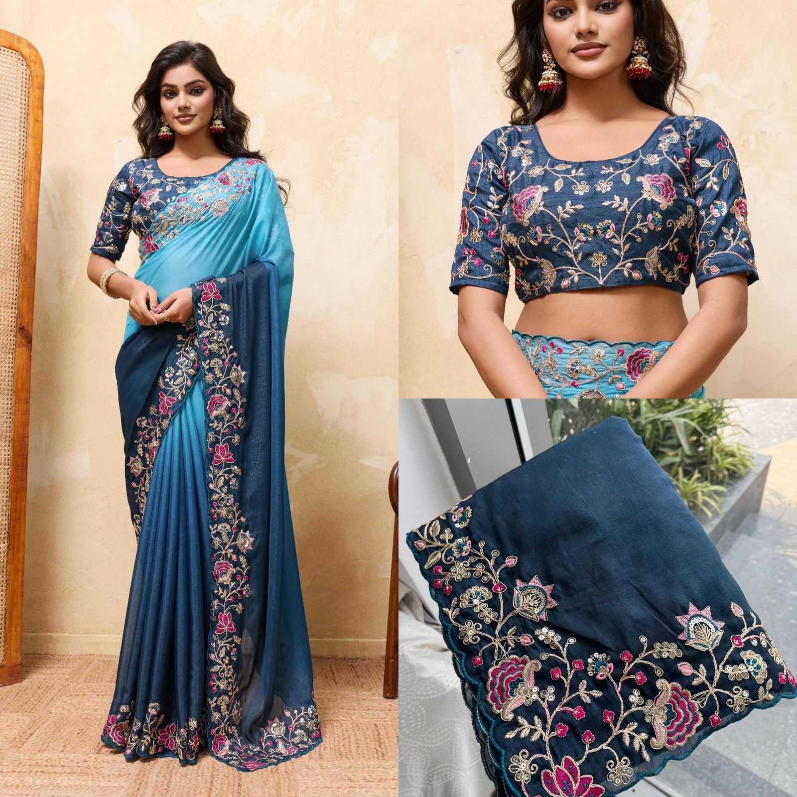 Indian Ethnic Georgette Saree Embroidered Cutwork Border Party Wear Indian Sari