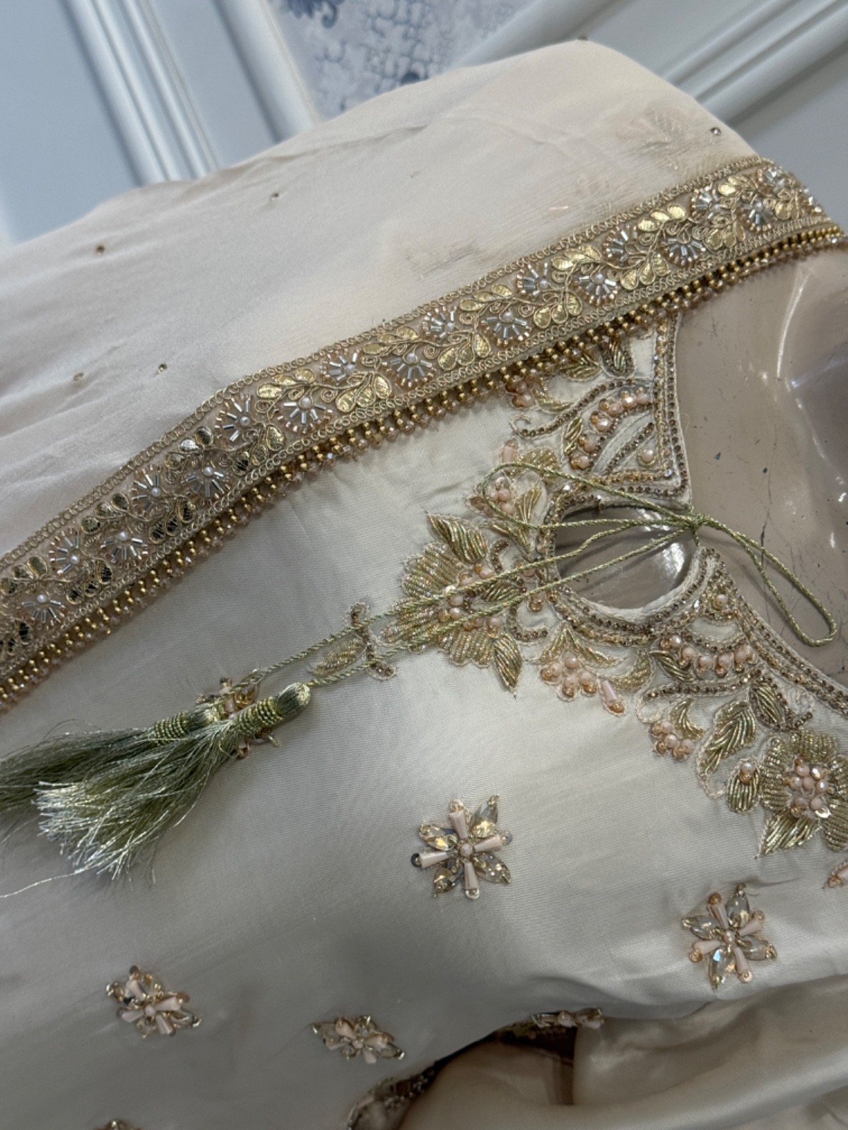 Pakistani Off White heavy jewel work Silk & Chiffon 3pcs Sharara Dress,L