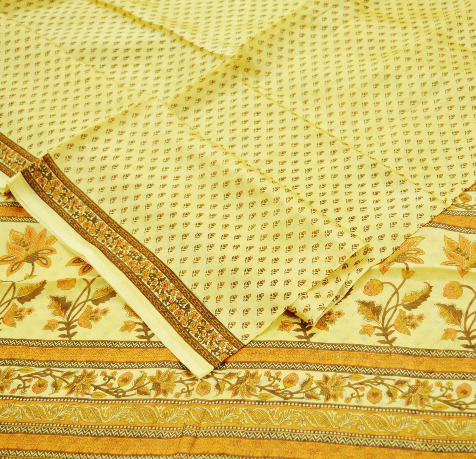 Indian Vintage Sari Beige Pure Silk Printed Sarees 5yd Sewing Craft Fabric Soft