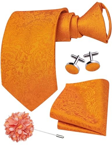 Zipper Ties for Men Pre-Tied Tie Set Silk Paisley Adjustable Light Orange
