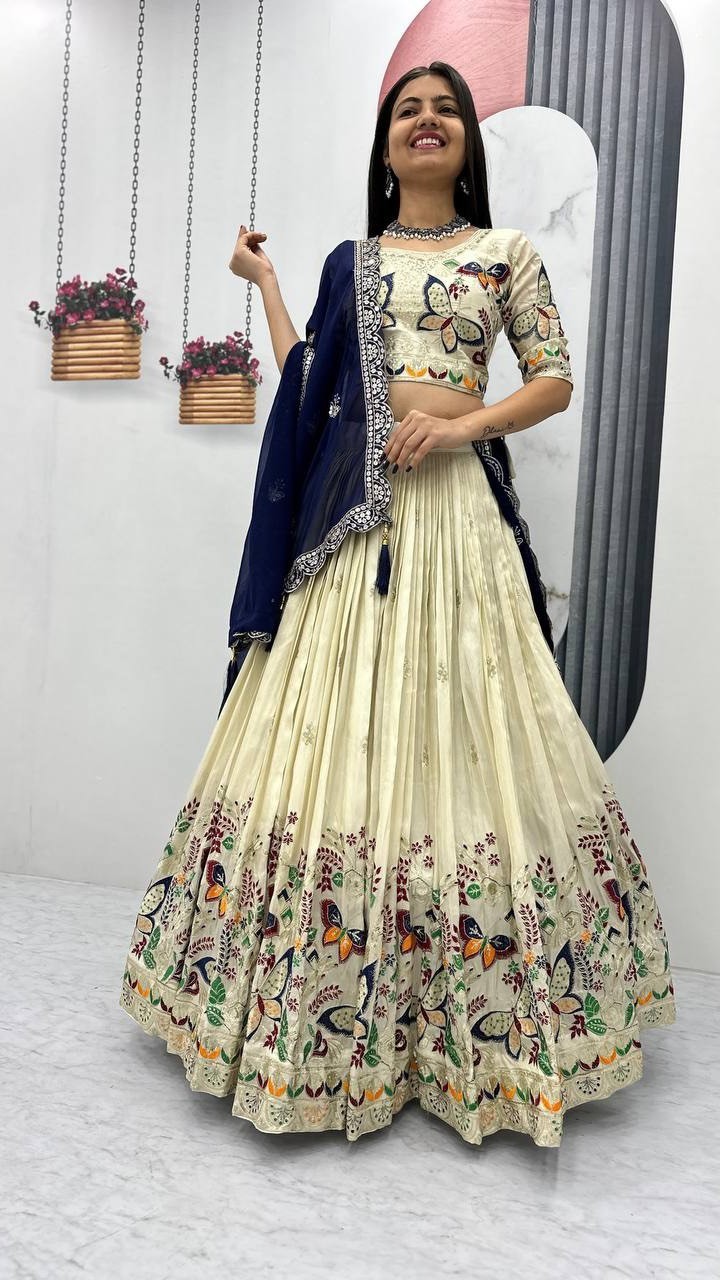 Women’s Readymade Full Stitched Cream Peacock Embroidered Lehenga Choli M