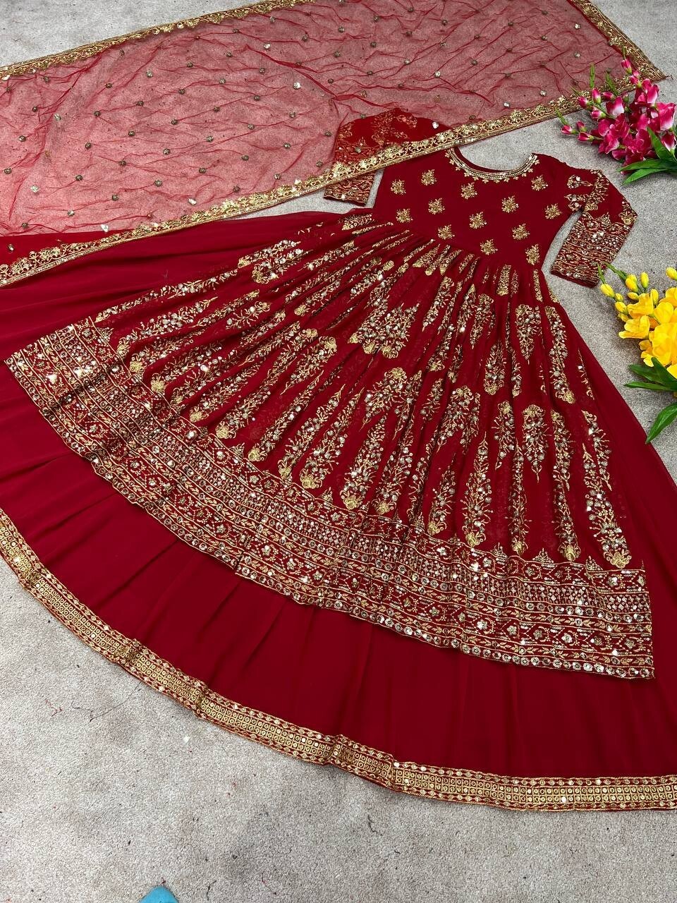 DESIGNER RED HEAVY FAUX GEORGETTE TOP LEHENGA WITH NET DUPATTA FOR WEDDING