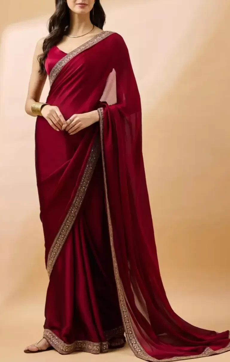 Maroon Satin Saree Sequence Embroidery Party Wear Free Petticoat