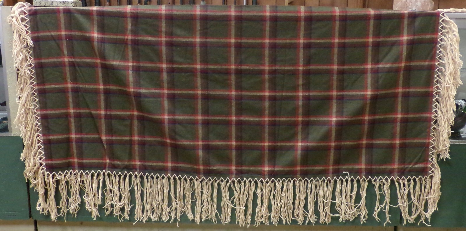 Native American Womens Shawl Army Green Red Plaid Wool Yarn Fringe 54″ x 62″