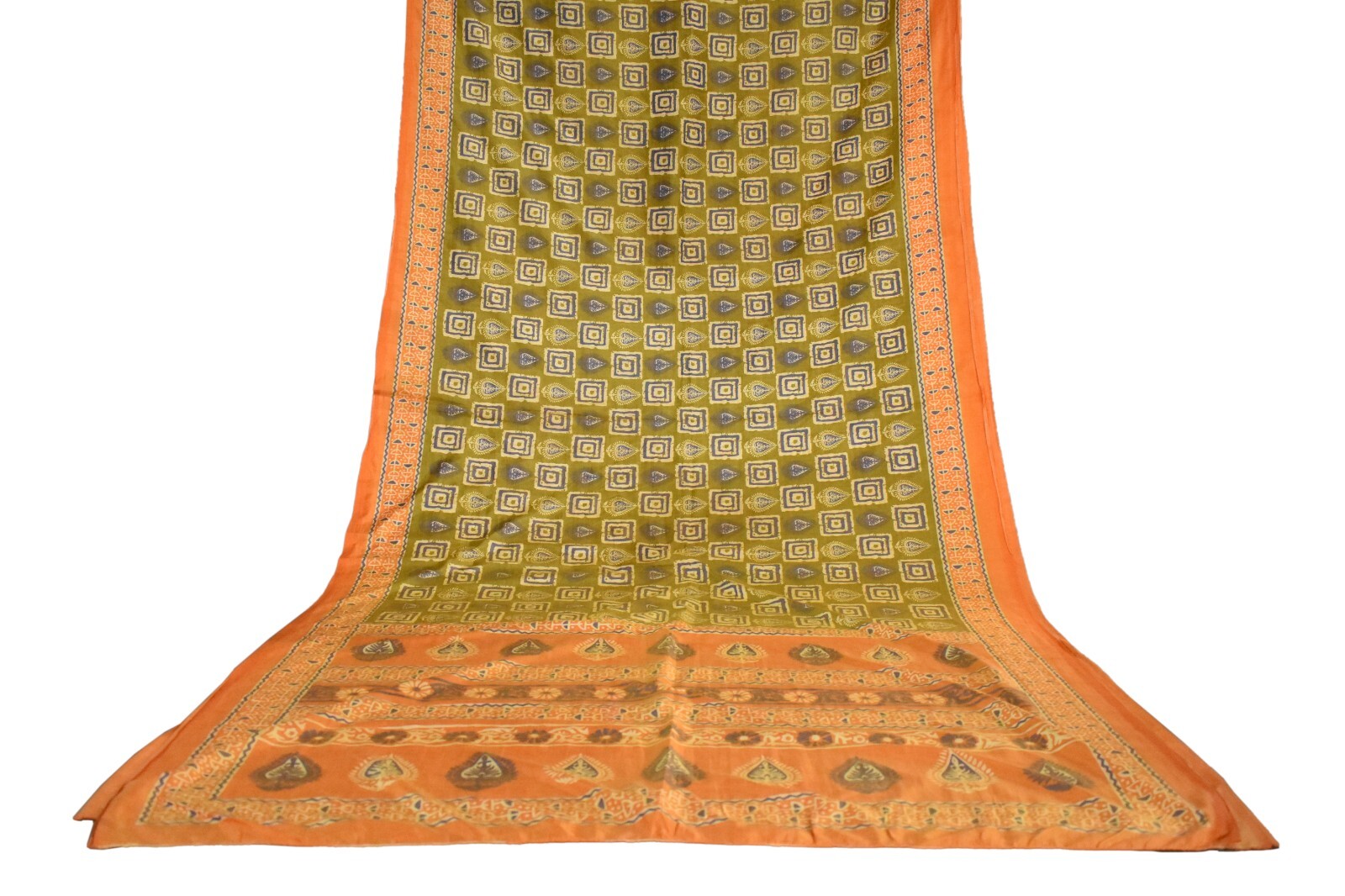 FNC Vintage Green Sambalpuri Ikat Sarees Handwoven Art Silk Sari Fabric Antique