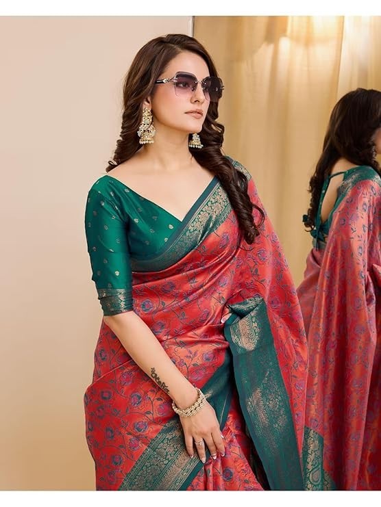 Women’s Banarasi Cotton Silk Kanjivaram Style Saree’s With Blouse Piece