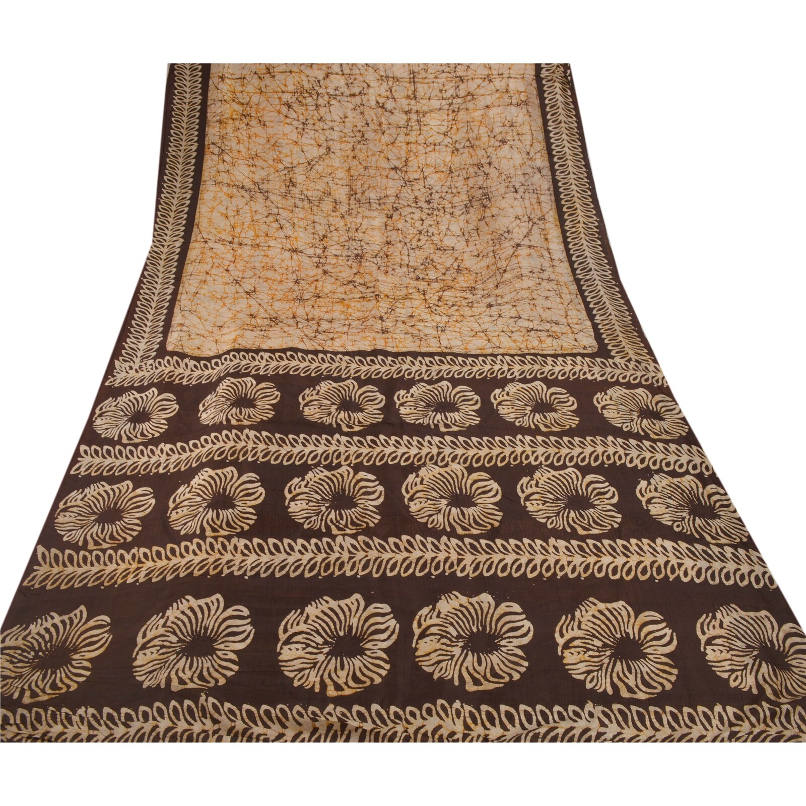 Sanskriti Vintage Cream Sarees 100% Pure Silk Batik Work Craft Fabric 5 Yd Sari