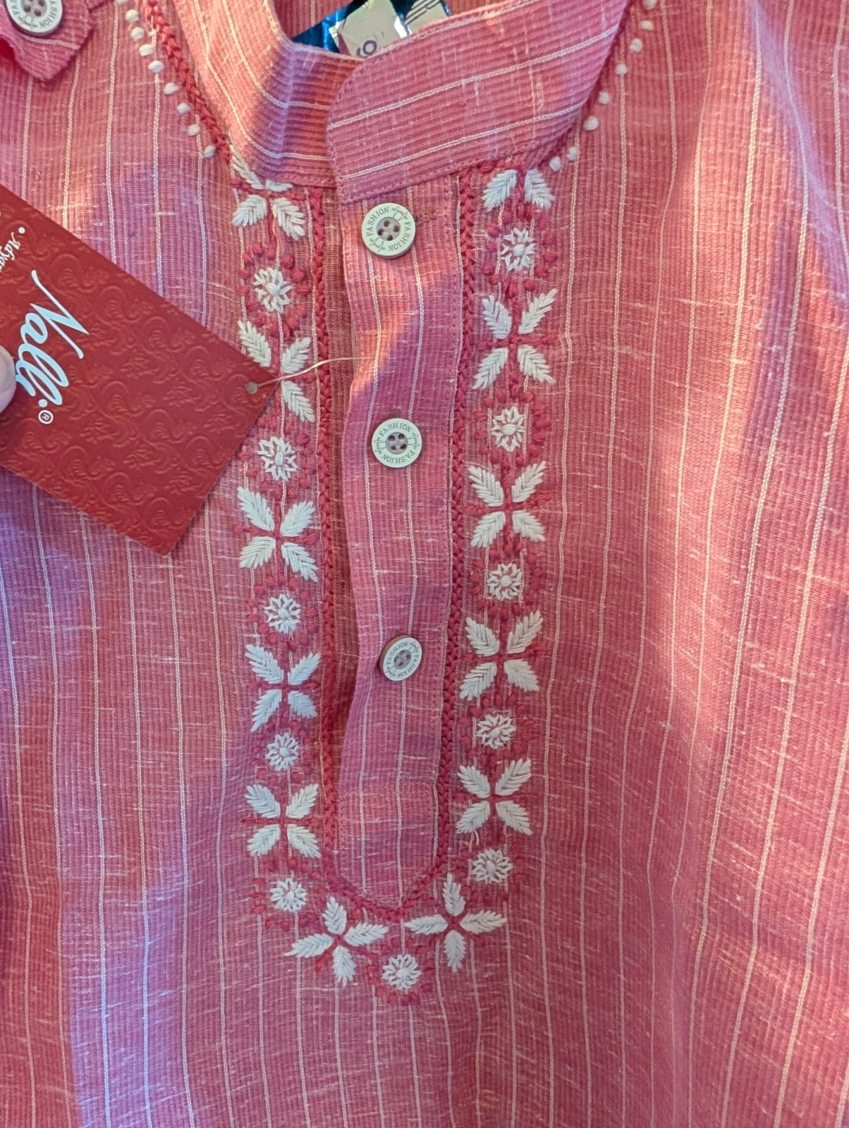 pink kurta embroidered white striped traditional clothing tunic top pockets