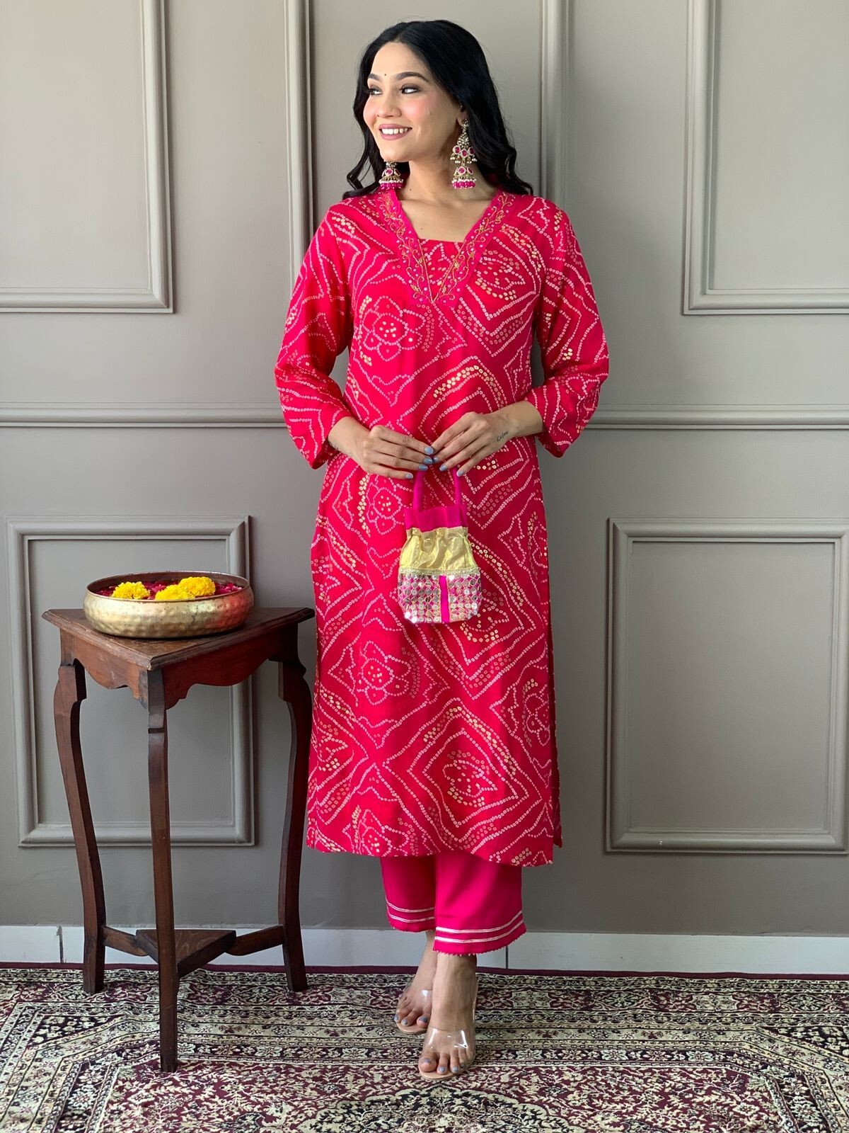 Red Bandhej Printed Kurta Palazzo Dupatta Set Handwork Salwar Kameez Readymade