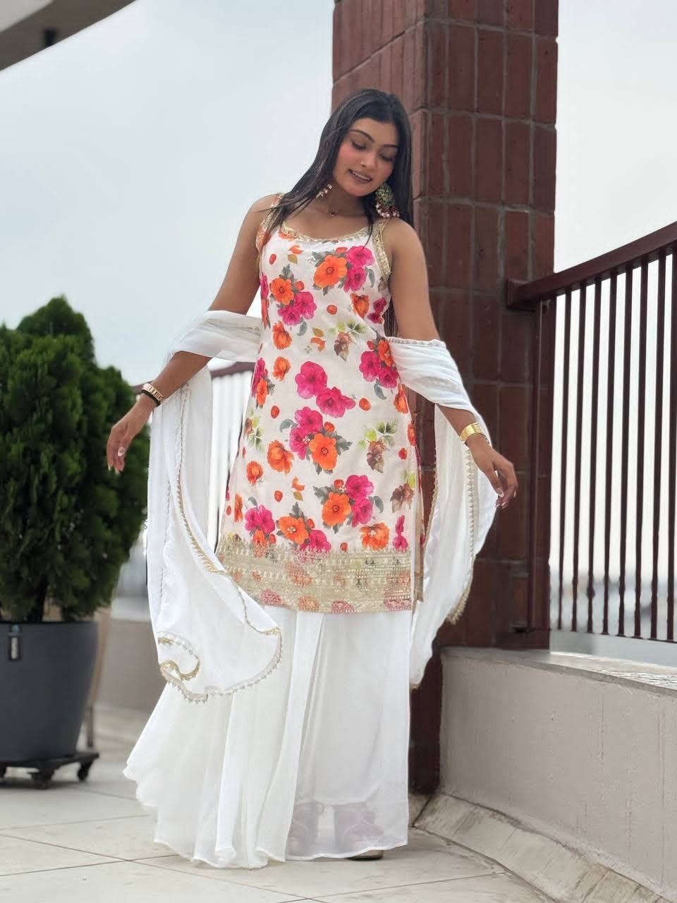 Indian Women Designer Kurta Palazzo Dupatta Set Readymade Salwar Kameez Suit Set