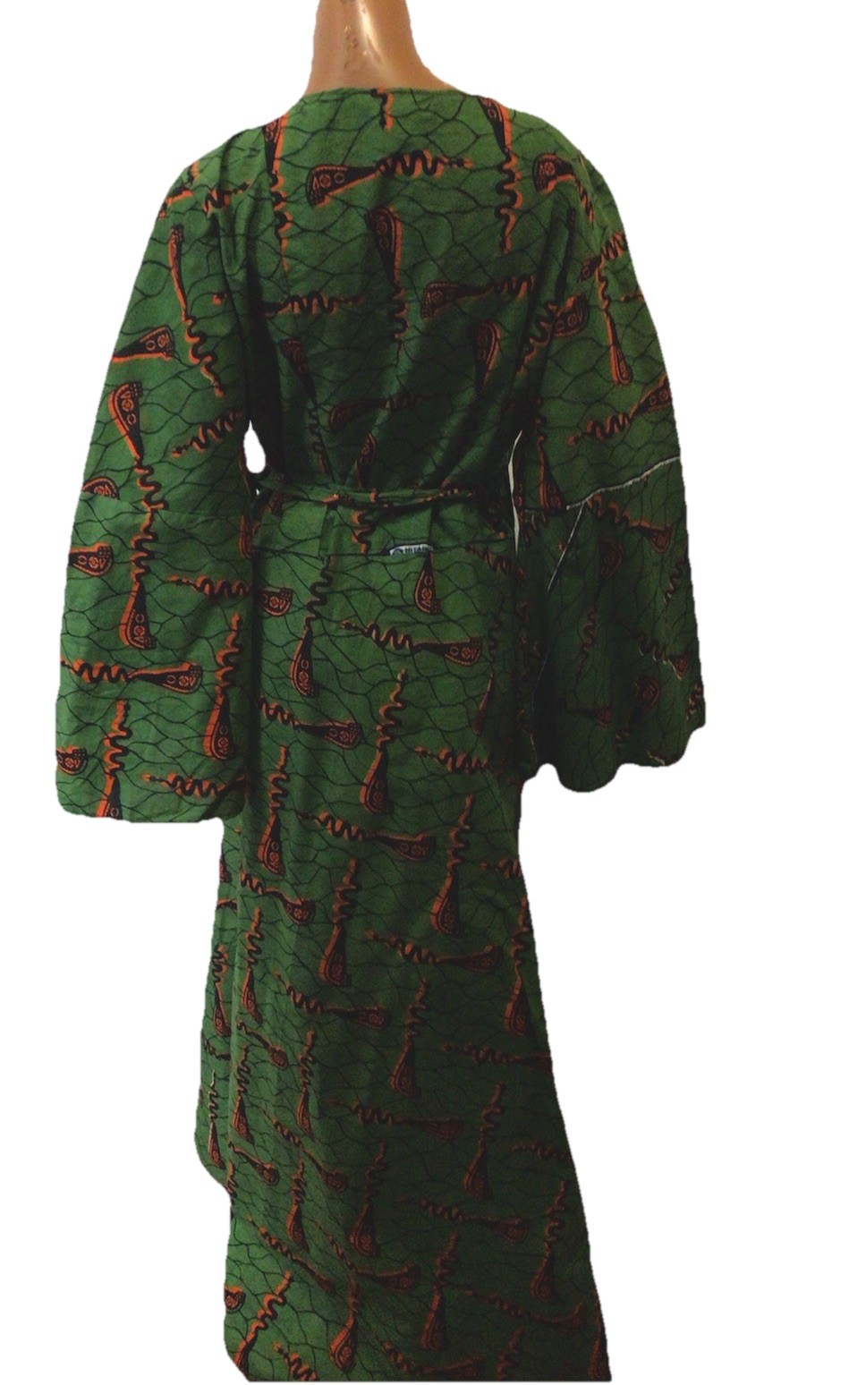 African Wrap Dress Green Multi Maxi Long Sleeve One Size Kimono Styling