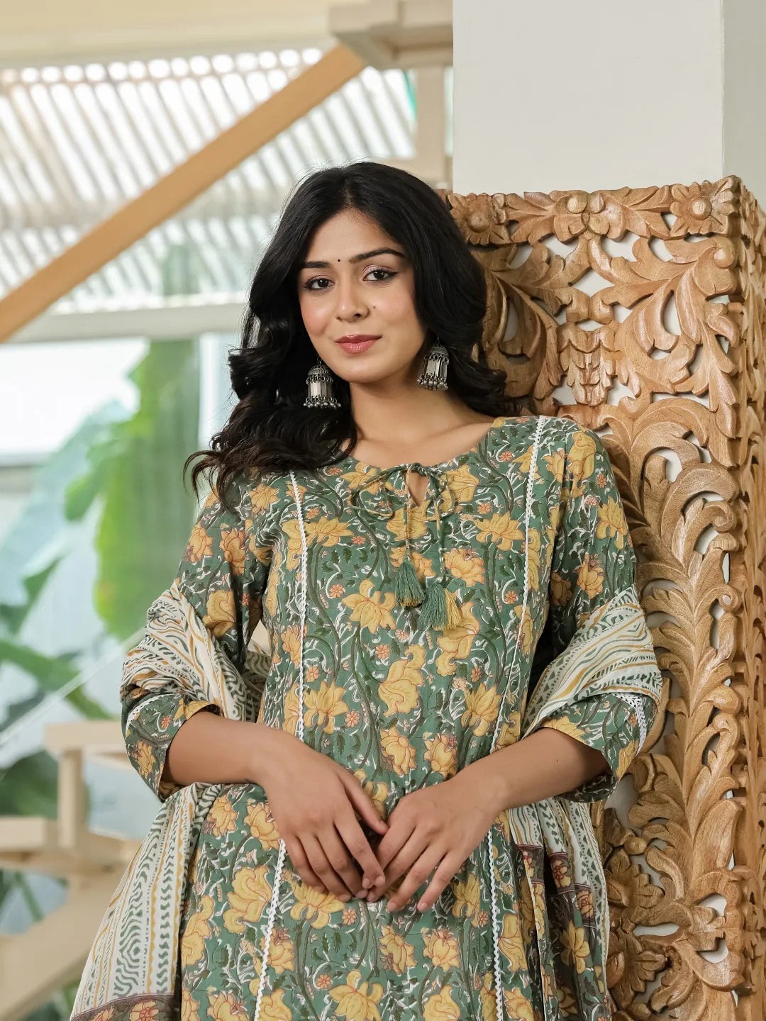 Green Floral A-Line Kurta Trouser Dupatta Set With Lace Work